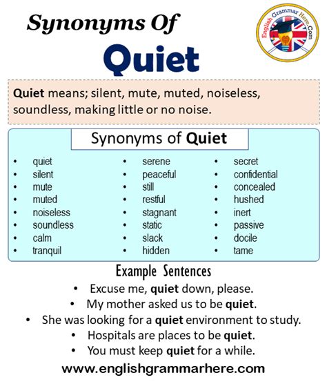 Dec 9, 2023 to make quiet; calm or pacify, bring to rest, etc. . Quiet synonyms